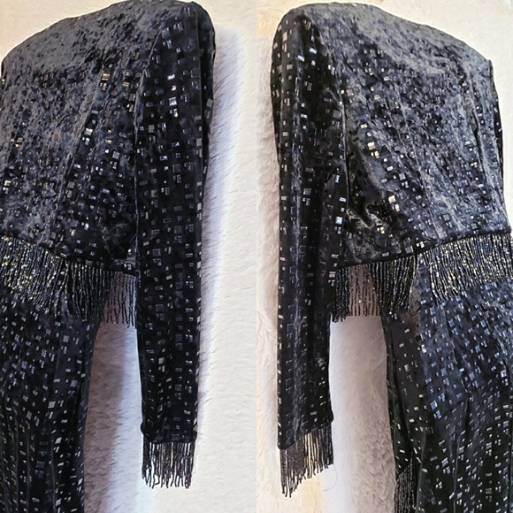 Black Beaded Velvet Leather Dress with Jacket 80s Vintage Italian Couture - Picture 11 of 15